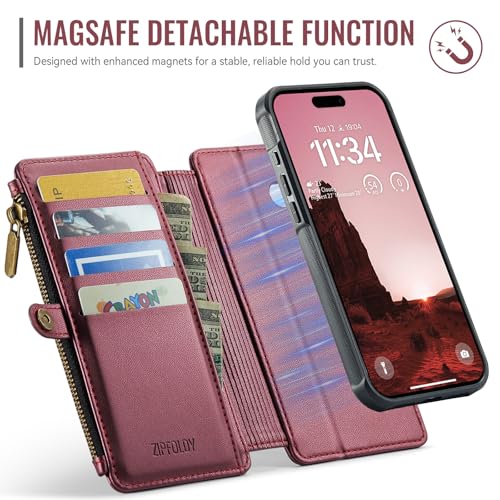 for iPhone 16 - Phone Case Wallet Magnetic Detachable, Burgundy - color: Burgundy, size: iPhone 16