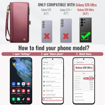 Defencase for Samsung Galaxy S26 Ultra Wallet Case with Card Holder, W-Red | with RFID Blocking Zipper Pocket, Durable PU Leather, Wrist Strap, S26 Ultra Flip Phone Cases Cover with Stand for Women Men - color: Wine Red