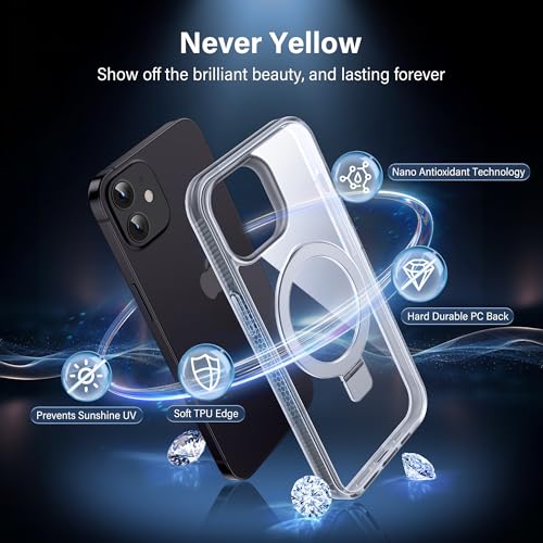 Magnetic Case for iPhone 12/12 Pro - [Built-in Invisible Stand] [Compatible with MagSafe] [Military Grade Drop Protection] Anti-Yellowing Hard Back Silicone Edge Cover, 6.1", Clear - color: Clear, size: iPhone 12/12 Pro 6.1''