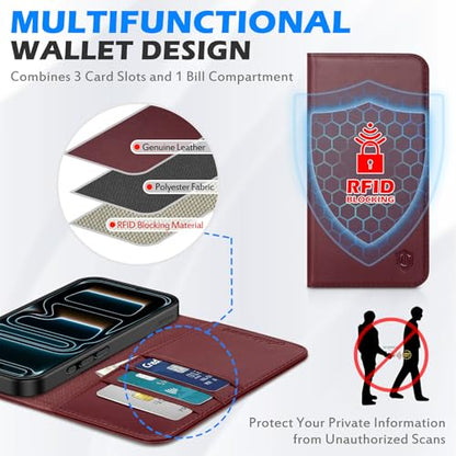 SHIELDON Genuine Leather Flip Wallet Case for iPhone 17 Pro 6.3", Wine Red | RFID Blocking, Credit Card Holder, Magnetic Closure, Kickstand, Folio Design, Soft Shock-Absorbent Phone Cover - color: Wine Red