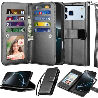 NJJEX Compatible with iPhone 17 Pro Wallet Case, 9 Card Slots, Black | PU leather folio flip, detachable magnetic phone cover, integrated kickstand, included lanyard - color: Black, size: iPhone 17 Pro