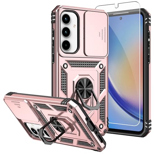 for Samsung A35 5G Case, with Screen Protectors and Camera Cover,[Military Grade] 16ft.Drop Tested Cover with Magnetic Kickstand Protective Case for Galaxy A35 5G, Rose Gold - color: Rose Gold