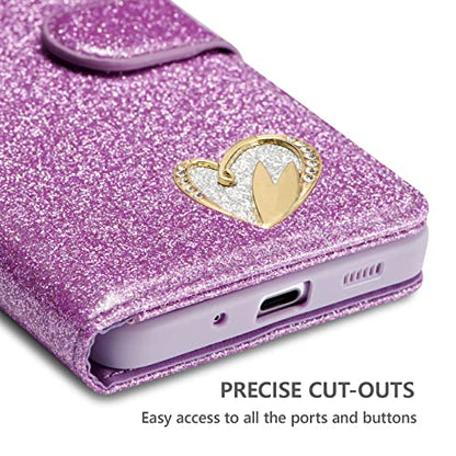 QLTYPRI Case for Samsung Galaxy A16 4G/5G, Bling Shiny Glitter Flip Folio Case Full-Body Protective Cover Card Slots Magnetic Closure Kickstand Wrist Strap for Women Girls A16 Case - Purple