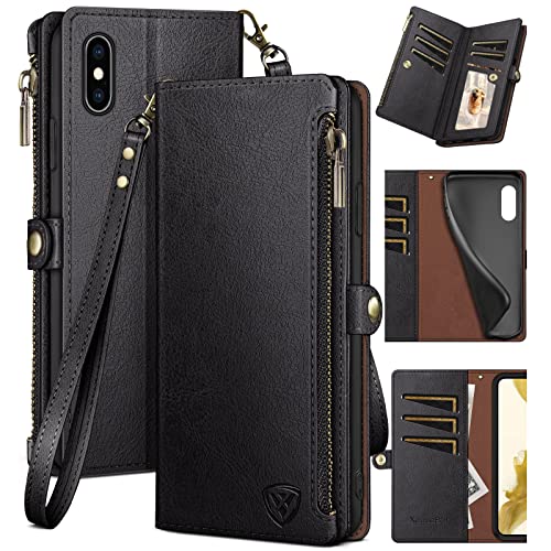 XcaseBar for iPhone Xs Max 6.5" Wallet case with Zipper Credit Card Holder【RFID Blocking】, Flip Folio Book PU Leather Phone case Shockproof Cover Women Men for Apple XS Max 6.5" case Black - color: Black