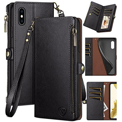 XcaseBar for iPhone Xs Max 6.5" Wallet case with Zipper Credit Card Holder【RFID Blocking】, Flip Folio Book PU Leather Phone case Shockproof Cover Women Men for Apple XS Max 6.5" case Black - color: Black