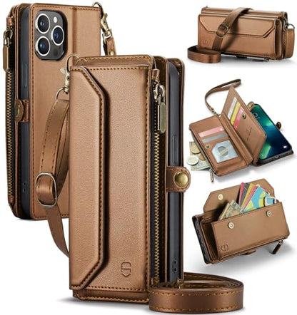 Strapurs Wallet Case Compatible with iPhone 13 Pro RFID Blocking 7-Card Holder Soft PU Leather Magnetic Snap Shoulder Strap Zipper Pocket Phone Case Fit for iPhone 13 Pro 6.1" - Brown | RFID Blocking 7-Card Holder, Shoulder Lanyard, Wirst Strap, Zipper Po