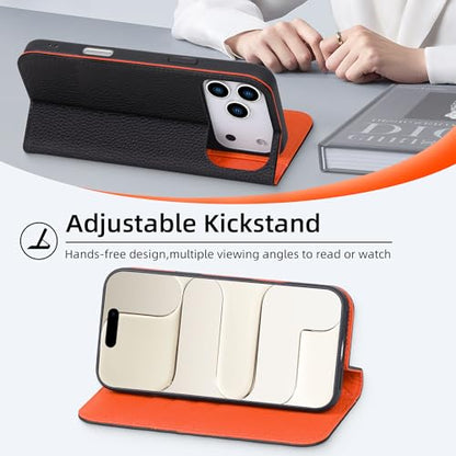 VISOUL Pebbled Genuine Leather Flip Wallet Case for iPhone 17 Pro Max 6.9" 2025, RFID Blocking Card Holders, Kickstand, Protective TPU Folio Cover - Black+Orange - color: Black+Orange