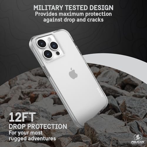 Pelican Ranger Series - iPhone 15 Pro Max Case 6.7" [Wireless Charging Compatible] [Anti-Yellow] Protective Phone Case with Anti-Scratch Tech [12ft MIL-Grade Drop Protection] 15 Pro Max Cover - Clear | Wireless Charging Compatible Phone Case w/12ft Milita