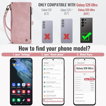 Defencase for Samsung Galaxy S26 Ultra Wallet Case with Card Holder, Pink | with RFID Blocking Zipper Pocket, Durable PU Leather, Wrist Strap, S26 Ultra Flip Phone Cases Cover with Stand for Women Men - color: Rose Pink