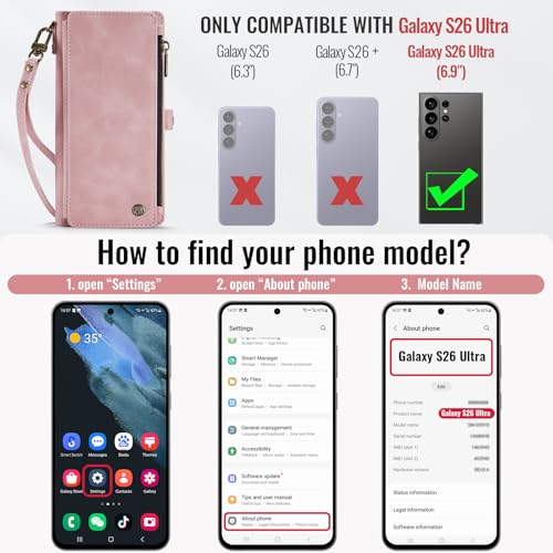 Defencase for Samsung Galaxy S26 Ultra Wallet Case with Card Holder, Pink | with RFID Blocking Zipper Pocket, Durable PU Leather, Wrist Strap, S26 Ultra Flip Phone Cases Cover with Stand for Women Men - color: Rose Pink