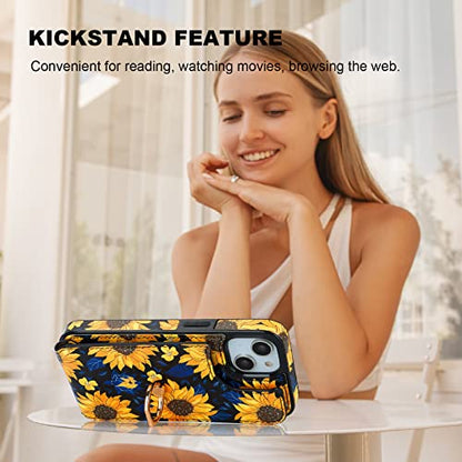HAOPINSH for iPhone 13/ iPhone 14 Wallet Case with Card Holder, 360°Rotation Ring Kickstand, Blooming Sunflowers Pattern, RFID Blocking Leather for Girls Women,Double Buttons Protective Cover 6.1" - color: Blooming Sunflowers