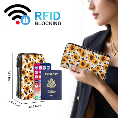 RFID Wallet with Phone Pocket for Women - Double Zipper Wristlet Purse Large Capacity, 17 Card Slots, Coin Pocket, Cow Sunflower - color: Cow Sunflower