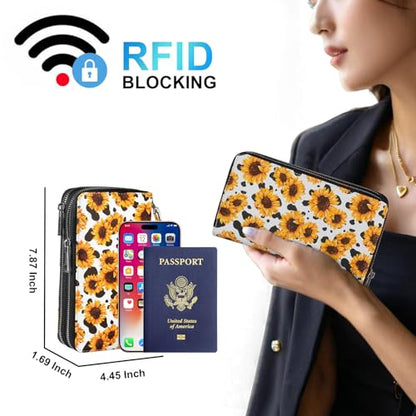 RFID Wallet with Phone Pocket for Women - Double Zipper Wristlet Purse Large Capacity, 17 Card Slots, Coin Pocket, Cow Sunflower - color: Cow Sunflower