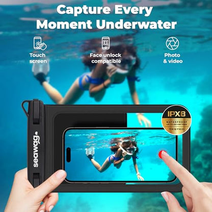 SEAWAG Waterproof Phone Pouch with Pocket for Keys, IPX8 Dry Bag up to 7.5in Plus Underwater Case for iPhone & Samsung, Full Touchscreen, Lanyard, Beach Travel Swimming Black