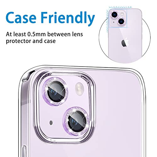 Compatible with iPhone 15 & 15 Plus Camera Lens Protector, Bling Glitter Diamond Lens Cover 9H Tempered Glass Camera Cover Anti Scratch Shockproof Screen Protector Individual Metal Lens Ring - - color: Purple Glitter