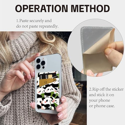 CREATCABIN Panda Phone Card Holder Leather Cell Phone Wallet Stick on Adhesive Credit Card Holder Slim Double Pocket Sticker for Back of Phone Case Compatible with Most Phones 3.7 x 2.5 Inch - style: Panda