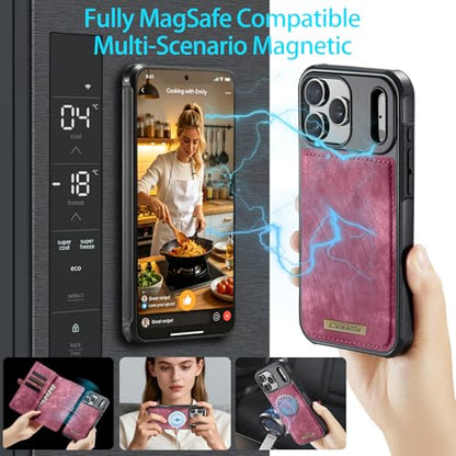 Compatible with iPhone 17 Pro Wallet Case with Magsafe,Red | Magnetic Detachable Case,Card Holder,Zipper Pocket,Strap Wristlet, Soft Leather Drop-Proof Phone Case for iPhone 17 Pro 6.3" - color: (Detachable and Magsafe)-Red, size: iPhone 17 Pro 6.3 Inch
