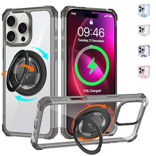 Clear Case for iPhone 16 Pro with Magnetic 360 Rotatable Ring Stand | Military Grade Heavy Duty Cover with 360 Rotatable Ring Kickstand -260417 - color: Clear Black, size: iPhone 16 Pro