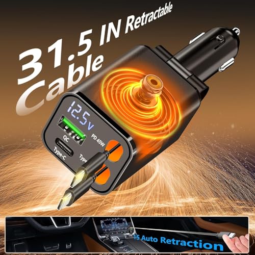 Retractable Car Charger, 120W USB-C Fast Charge 4-in-1 Phone Charger