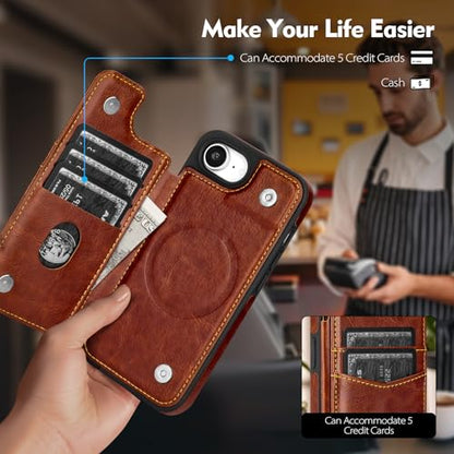 SkyEagle Compatible with MagSafe iPhone 17e / 16e Case Wallet,Brown | Magnetic Clasp,RFID Blocking,PU Leather,Flip Folio Shockproof Phone Cover,with Credit Card Slots & Kickstand for Men & Women - color: Brown