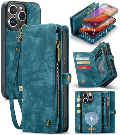 Compatible with iPhone 15 Pro Max Wallet Case with Magsafe,Blue | Magnetic Detachable Case,Card Holder,Zipper Pocket,Strap Wristlet, Soft Leather Drop-Proof Phone Case for iPhone 15 Pro Max - color: Blue, size: iPhone 15 Pro Max 6.7"