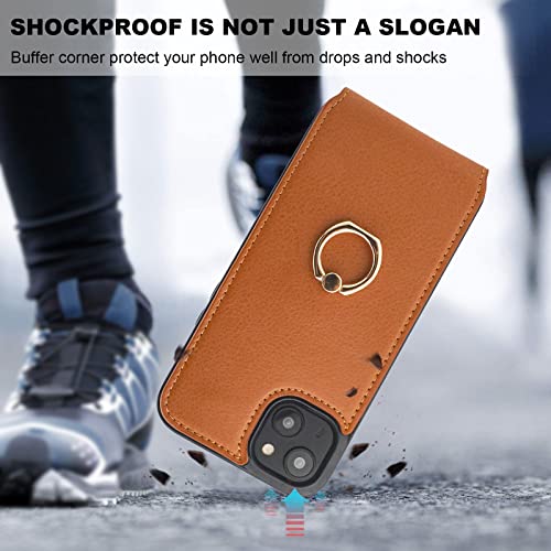 Folosu Compatible with iPhone 14 Plus Case Wallet with Card Holder, 360°Rotation Finger Ring Holder Kickstand, RFID Blocking Leather Protective Double Buttons Shockproof Cover 6.7 Inch Brown - color: Brown, size: iPhone 14 Plus