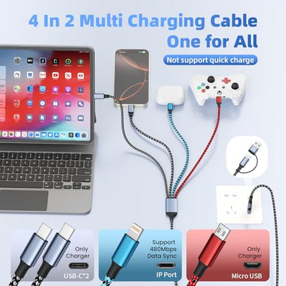 Dual USB-C 4IN2 Multi Charging Cable, USB C Cable for iPhone Series 5FT - color: Gray & Gray & Blue & Red, size: 2Pack&5FT