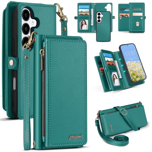 for Samsumg Galaxy S25 Wallet Case, Detachable Magnetic Shockproof Phone Case,Faux Leather Crossbody Wallet,with RFID Blocking，Zipper Card Holder，Shoulder Strap (Green) - color: Green, size: Samsumg Galaxy S25
