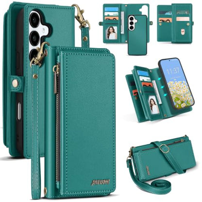 for Samsumg Galaxy S25 Wallet Case, Detachable Magnetic Shockproof Phone Case,Faux Leather Crossbody Wallet,with RFID Blocking，Zipper Card Holder，Shoulder Strap (Green) - color: Green, size: Samsumg Galaxy S25