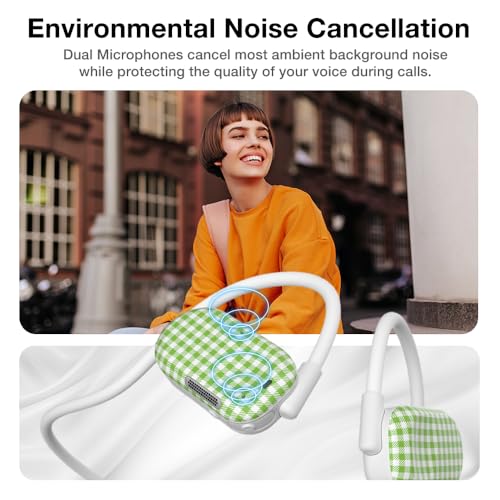 Purity Air Open Ear Headphones - True Air Conduction Wireless Bluetooth Open Ear Earbuds with Dual Mic for iPhone/Android - Secured Long Wearing Comfort, Sports Sweat Resistant (Green Checkers) - color: Green Checkers