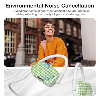 Purity Air Open Ear Headphones - True Air Conduction Wireless Bluetooth Open Ear Earbuds with Dual Mic for iPhone/Android - Secured Long Wearing Comfort, Sports Sweat Resistant (Green Checkers) - color: Green Checkers