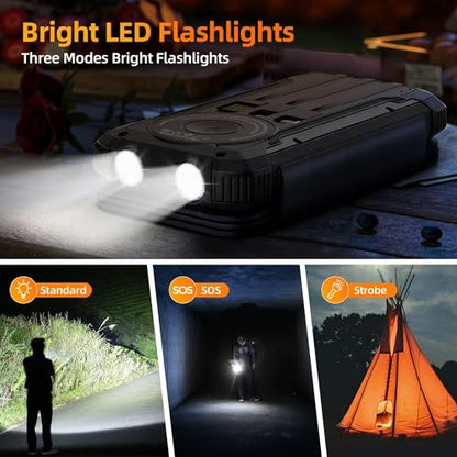 Solar Charger Power Bank Built-in 3 Cables and 4 Solar Panels, Portable Wireless Charger 10,000mAh, External Battery Pack with USB-C in/Output & Flashlight for Outdoor Camping - color: Black