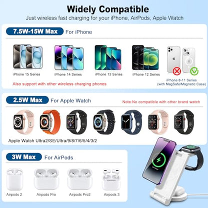 2024 Upgrated Wireless Charger: 3 in 1 Charger Stand Multiple Devices for Apple - iPhone 16 15 14 Pro Max 13 12 11 - Watch 10 9 8 7 6 5 4 3 2 SE and Ultra Series - Airpods 4 3 2 Pro - color: Pure white