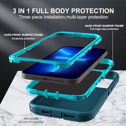 YKHJKLEC for iPhone 13 Pro Case, Military Grade 3 in 1 Heavy Duty Shockproof/Drop Proof/Dust Proof Case with 2Pcs Tempered Glass Screen Protector (Blue/Turquoise) - color: Blue/Turquoise