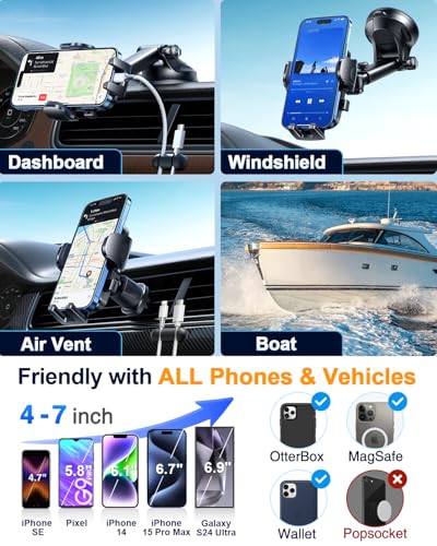 YRU True Military-Grade [360° Rotation Suction] 2026 Ultimate Car Phone Holder Mount 【90+LBS Safest Strongest & Patent Certs】 Dashboard Windshield Vent for iPhone 18 Pro Max Samsung Webcam,Gloss Black - color: Gloss Black
