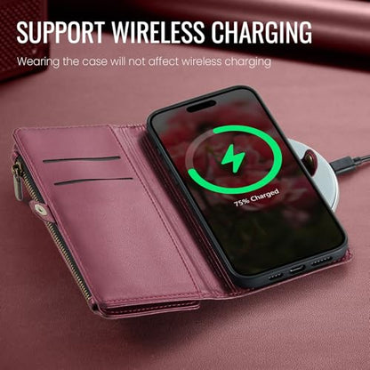 Defencase for iPhone 14 Wallet Case with RFID Blocking Card Holder, WineRed | Durable Soft PU Leather, with Zipper Pocket, Wrist Strap, Fashion Snap Flip Phone Cases Cover with Stand for Women and Men - color: Wine Red