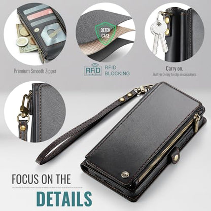 Defencase for Samsung Galaxy A15 5G Wallet Case with Card Holder, Black | Durable Soft PU Leather, with RFID Blocking Zipper Pocket & Wrist Strap, Flip Phone Cases Cover with Stand for Women and Men - color: Black