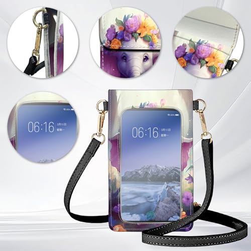 for Women Cell Phone Purse,with Touchscreen Cell Phone Purse,PU Leather Shoulder Bag Waterproof Phone Wallet Case with Clear Touch Screen Window up to 6.7 inch Smartphone, - color: Cute Elephant and Flowers-238