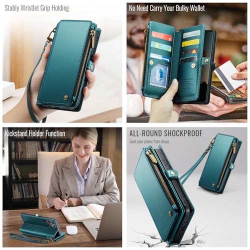 Defencase for Samsung Galaxy S22 Ultra Wallet Case with Card Holder, Green | Durable PU Leather, with RFID Blocking Zipper Pocket, Wrist Strap, S22 Ultra Flip Phone Cases Cover with Stand for Women Men - color: Elegant Blue Green