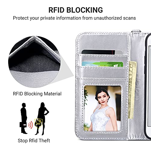 ULAK for iPhone SE 3(2022)/SE(2020)/8/7 Wallet Case Card Holder, Silver | Premium PU Leather Flip Case with Kickstand Card Slots,RFID Blocking,Wrist Strap, Durable Shockproof Cover 4.7 Inch - color: Silver