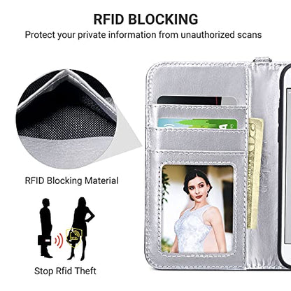 ULAK for iPhone SE 3(2022)/SE(2020)/8/7 Wallet Case Card Holder, Silver | Premium PU Leather Flip Case with Kickstand Card Slots,RFID Blocking,Wrist Strap, Durable Shockproof Cover 4.7 Inch - color: Silver