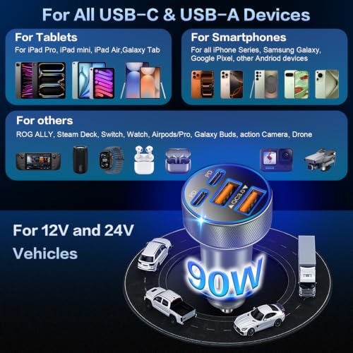 Multi Pack USB C Car Charger,90W Super Fast Charging Cigarette Lighter Adapter Bulk, 4-in-1 Dual USB-C & USB-A Car Phone Power Plug Adapter for iPhone 17/16/15/Pro Max, iPad, Samsung Galaxy S25 - color: Gray, size: 5-Pack