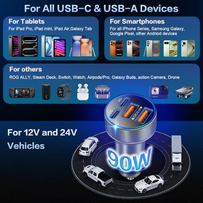 Multi Pack USB C Car Charger,90W Super Fast Charging Cigarette Lighter Adapter Bulk, 4-in-1 Dual USB-C & USB-A Car Phone Power Plug Adapter for iPhone 17/16/15/Pro Max, iPad, Samsung Galaxy S25 - color: Gray, size: 5-Pack