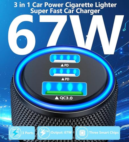 USB C Car Charger for iPhone, 2Pack 67W Multiport Fast Car Charge