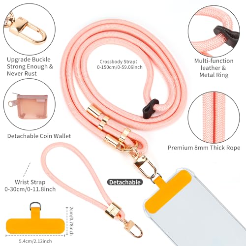 HOTEMIA Phone Lanyard and Wrist Straps, Adjustable Cell Phone Lanyard Crossbody with Detachable Wallet, 8mm Thick iPhone Lanyard for Around the Neck(Pink+Wallet) - color: Pink+wallet