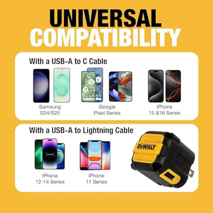 DEWALT Heavy Duty NeverBlock USB Charger, Angled Dual Port 12W Wall Charger - size: 12 W