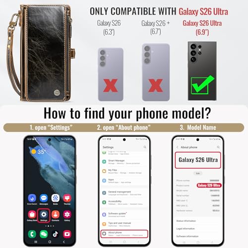 Defencase for Samsung Galaxy S26 Ultra Wallet Case with Card Holder, Coffee | with RFID Blocking Zipper Pocket, Durable PU Leather, Wrist Strap, S26 Ultra Flip Phone Cases Cover with Stand for Women Men - color: Coffee