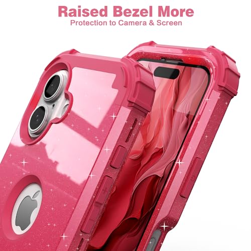 IDweel for iPhone 17 Case with Screen Protector for Women, 3 in 1 Shockproof Slim Fit Hybrid Heavy Duty Hard PC Cover Soft Silicone Bumper Full Body Anti-Fingerprint Case, Glitter Rose Red - color: Glitter Rose Red