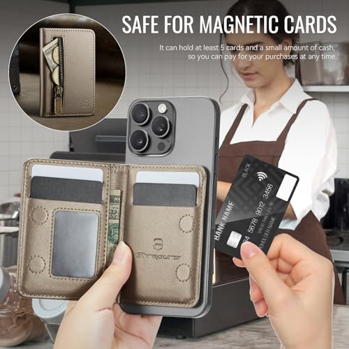 Strapurs Magnetic Card Holder Compatible with MagSafe Phones and Cases, PU Leather Wallet for iPhone 17/16/15/14/13/12/Pro/Max/Plus/Air, 4 Card Slots RFID Blocking with Zipper Pocket - Desert Titanium - color: Desert Titanium
