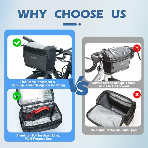 Bike Handlebar Bag with Rain Cover, Bicycle Front Phone Bag with Touch Screen, Adjustable Shoulder Waterproof Dual Zippers Insulated Basket Bag for Mountain Road Bike, Cycling Accessories